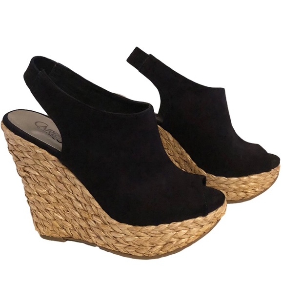 Carlos Santana Black Suede Leather Peep Toe Slingback Espadrille Wedges Sz 6.5 - Picture 7 of 7